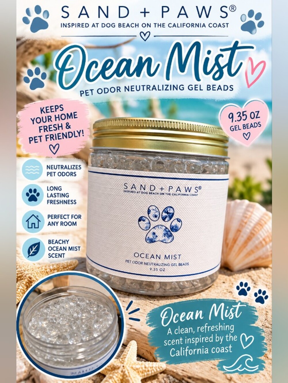 NEW Sand + Paws Ocean Mist Pet Odor Neutralizing Gel Beads 9.35 oz